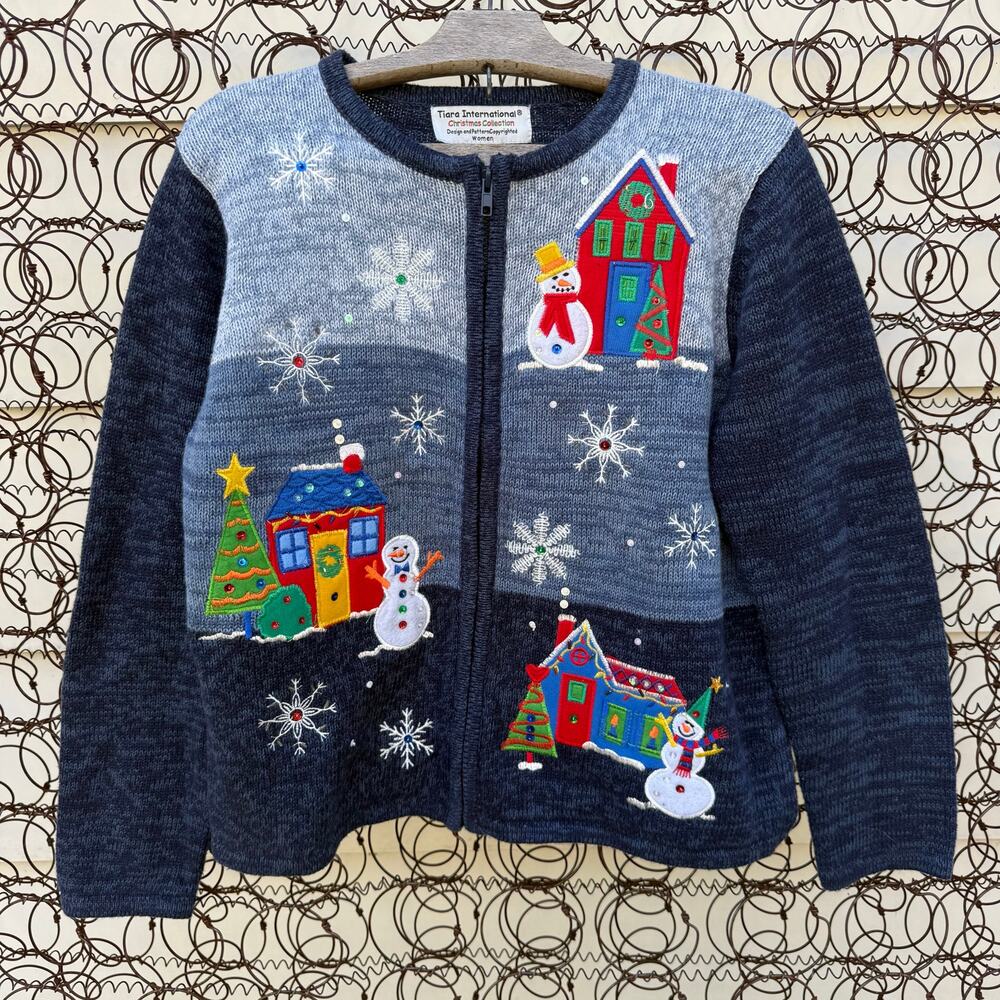 Y2K Tiara International Ugly Christmas Cardigan Winter Scene Snowman House 1X